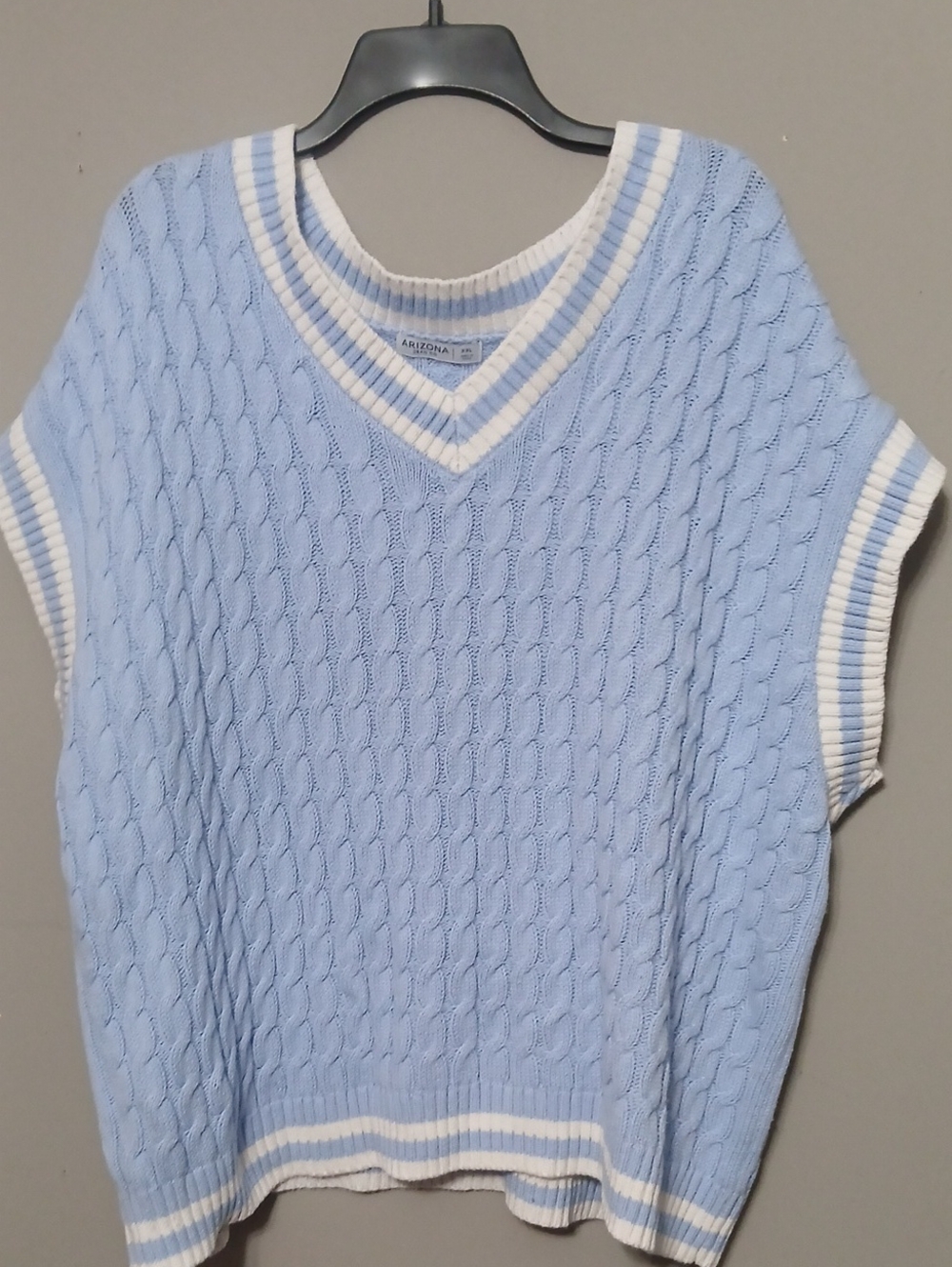 Arizona Jean Company Baby Blue Cable Knit V-Neck Sweater Vest with White Trim
